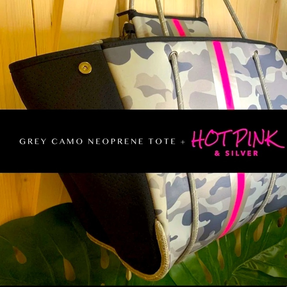 Neoprene Tote Purse Bag gray grey Camo + hot pink & metallic silver racer stripe